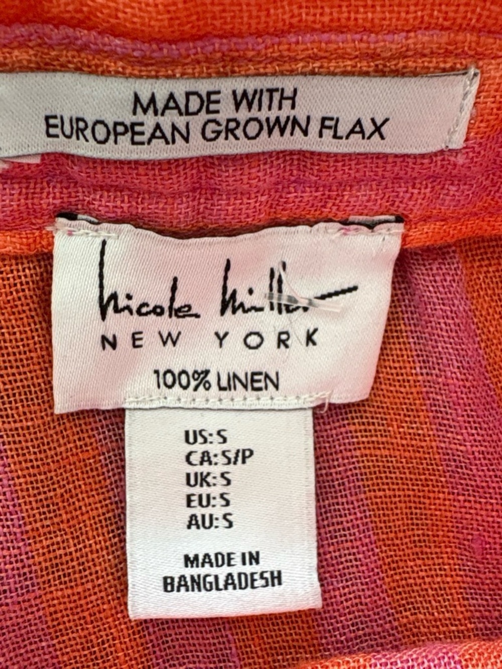 Nicole Miller Pink and Orange Striped Button-Up 109% linen Blouse.S - Picture 3 of 7
